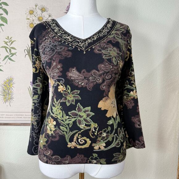 90s Y2k Floral Embroidered Beaded Top Fairy Grunge Forest Whimsigoth Witchy S M - Picture 3 of 8